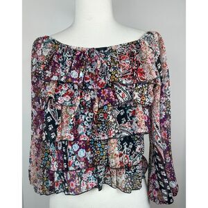VINTAGE Y2K BEBE S Floral Sheer Mesh Top Blouse Layer Ruffle V-neck Long Sleeve